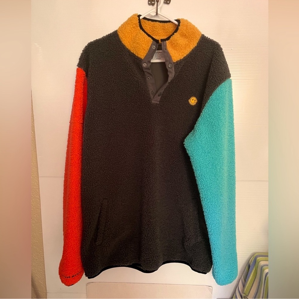 Dutch Bros Fleece Multi Colored Sweatshirt Pullover SZ Large Colorblock Henley